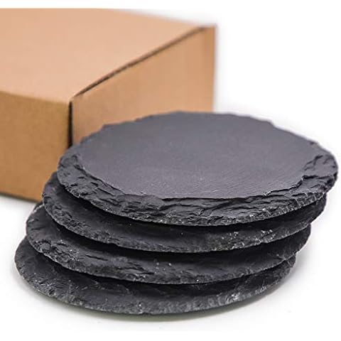 TOSSOW Slate Stone Coasters Set,4 PCS Black Round Cup Coaster,Natural Edge Drinks Stone for Bar Kitchen Home,3.93inch Cover