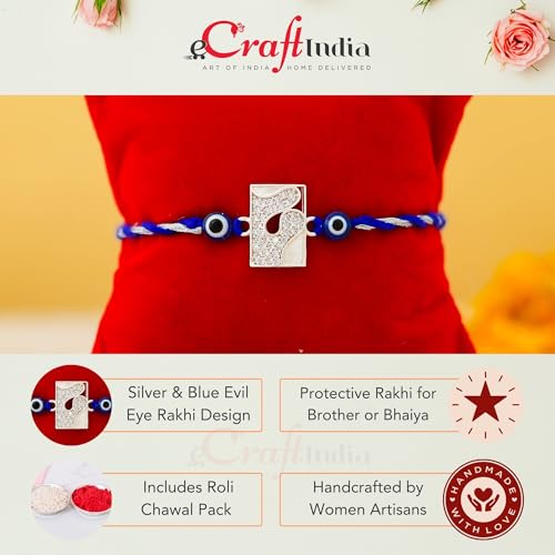 Image of eCraftIndia Silver & Blue Evil Eye Rakhi for Brother with Gift Combo Set Hamper | Raksha Bandhan Rakhi for Bhai Bhaiya Bhabhi Kids Boy | Best Bro Ever Fridge Magnet | Roli Chawal Pack