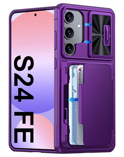 Vizvera for Samsung Galaxy S24 FE Case Wallet RFID, Cards Holder & Camera Cover & Kickstand for Women Men, Full Body Shockproof Silicone Case for S24 FE 6.7" 2024 Only-Purple