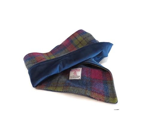 Harris tweed Scottish wool tweed scarf raspberry, green and blue scarf lined with marine blue velvet, handmade in the UK, 100% wool