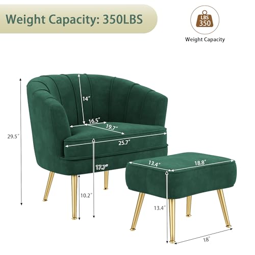 Image of Andeworld Velvet Accent Chair with Ottoman, Barrel Armchair, Green | Velvet Upholstery Side Chair, Includes Ottoman, Golden Metal Legs, 350 Lb Capacity, Living Room Bedroom Office