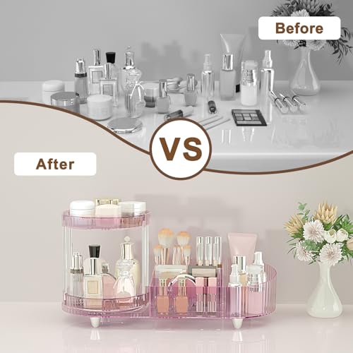 Image of 360 Rotating Vanity Makeup Organizer, 2 Small Trays & 5 Compartments for Cosmetics, Skincare, Perfume, Lipstick & Make up Brushes Holder, Dresser Countertop Organizers and Storage for Bathroom, Desk