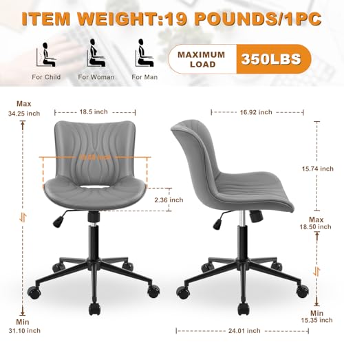 Image of Armless Office Chair, Height Adjustable Desk Chair with Wheels, Ergonomic Comfy 360 Swivel Home Office Computer Task Chair, Faux Leather Padded Cute Vanity Chair, Gray