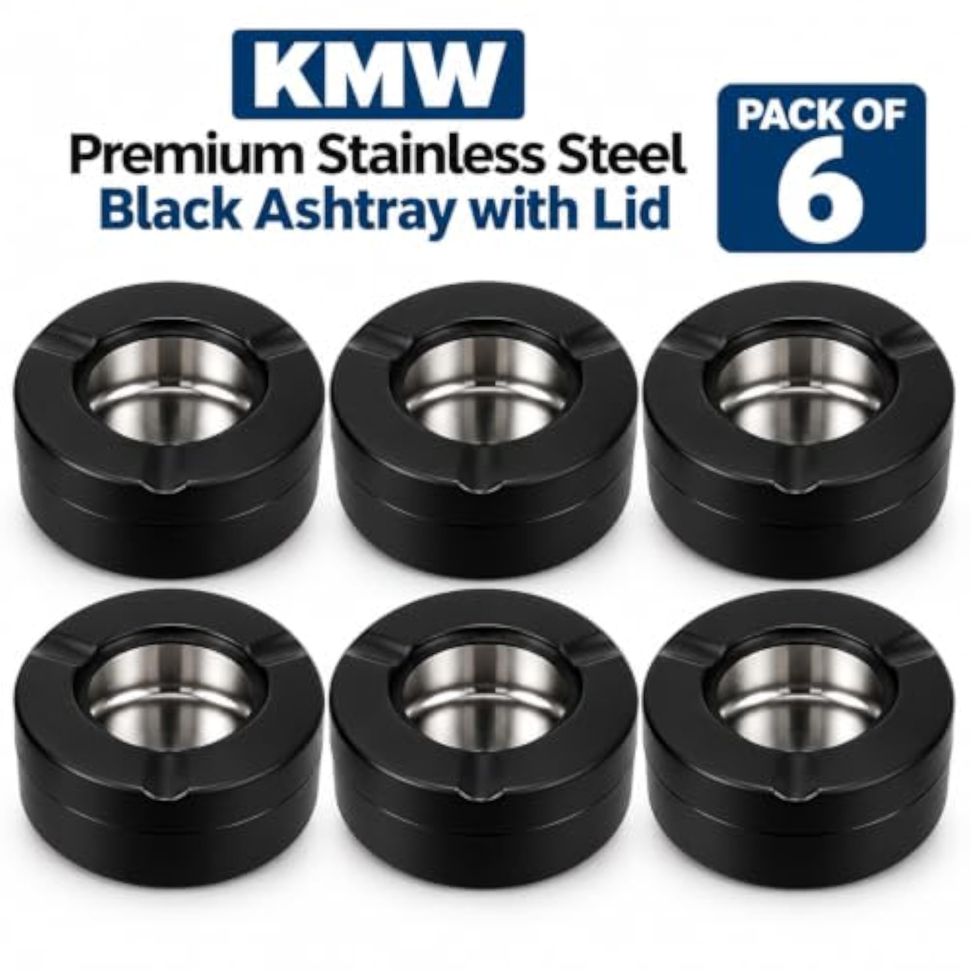 Premium Stainless Steel Black Ashtray with Lid, Set of 6