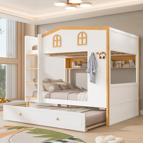 Image of Merax Full Over Full Size House Bunk Bed with Storage Shelves & Pull-Out Trundle, Solid Wood Space-Saving Loft Bed Frame with Safety Guardrails for Bedroom, White+Natural