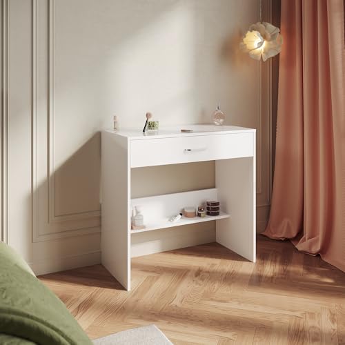 Sirhona   Tocador contemporáneo, mesa de maquillaje con gran cajón de almacenamiento, blanco, 80 x 40 x 77 cm