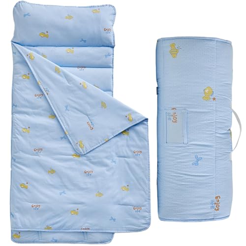 Image of Cotton Toddler Nap Mat with Pillow and Blanket,Extra Large Rolled Napping Mats,Slumber Bags for Boys Girls,Kids Sleeping Mat for Daycare,Preschool Kindergarten-Blue Fish