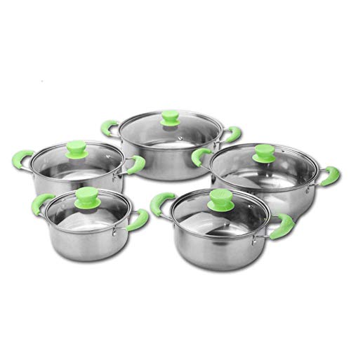 ifgswopq Juego de cacerolas de acero inoxidable, 5 piezas, juego de cacerolas, cómodo mango doble, ollas con tapa de vidrio, adecuadas para varias cocinas de gas e inducción (5 ollas, 5 fundas de