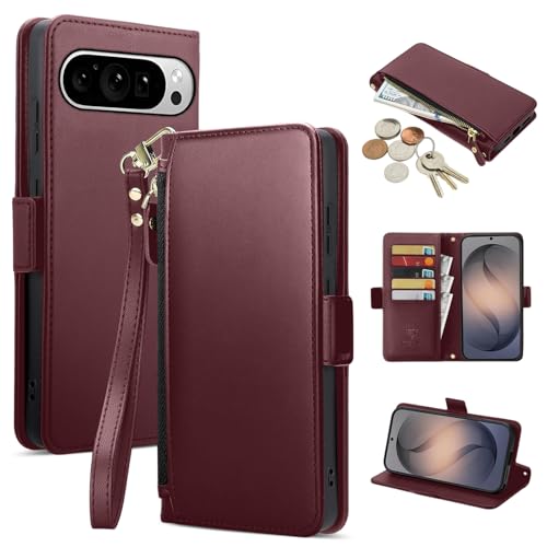 COBEAR for Google Pixel 10/Pixel 10 Pro Case Wallet, Pu Leather Flip Phone Case with Wrist Strap, Zipper Pocket, Kickstand, Women Men Phone Wallet Case with Card Holder, Wine Red