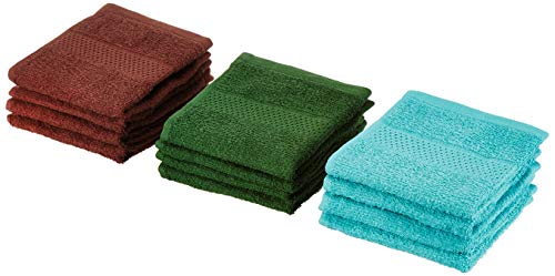 Image of Amazon Brand - Solimo Cotton 12 Piece Face Towel Set, 380 GSM (Baltic Blue, Mint Green, Brick Red)