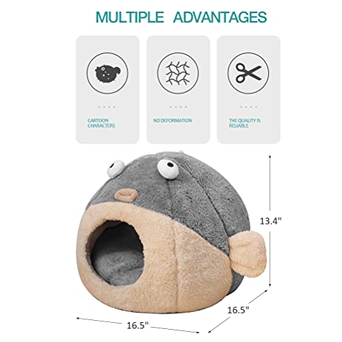 Cat Beds For Indoor Cats - Cat Bed Cave With Removable Washable Cushioned Pillow, Soft Plush Premium Cotton No Deformation Pet Bed, Lively Pufferfish Cat House Design, Grey, Multiple Sizes(L) #TOP1