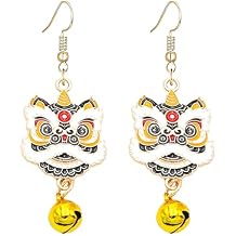 Dreuyet Chinese Lion Dance Earrings for Women Colorful Dragon Lion Animal Head with Bell Dangle Earring New Year Chinese Festival Holiday Lucky Jewelry