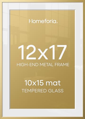Image of Homeforia 12x17 Picture Frame Gold, High End Metal 12x17 Poster Frames with Mat 10x15 Photo, 12 x 17 Gold Frame Matted to 10 by 15 Print, 17by12 Thin Hanging Frames, Tempered Glass, Wall Kit, Set of 2