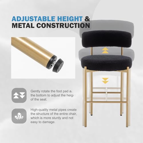 Image of Cinxzar Boucle Bar Stools Set of 4, Black Counter Height Bar Stools with Backs, Gold Modern Barstools for Kitchen Island, Pub, Club
