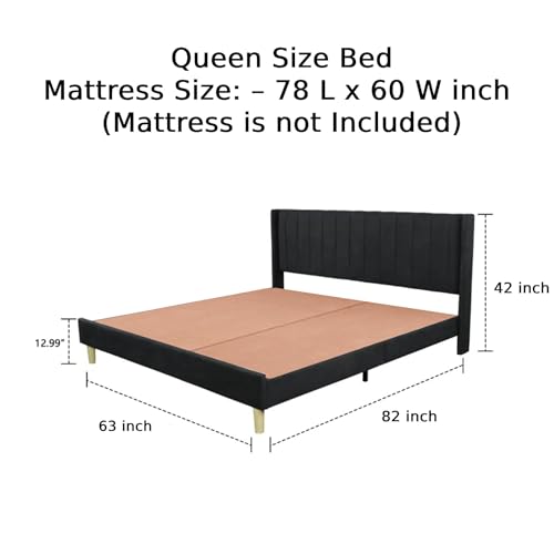 Image of Low Profile Upholstered Platform Bed with Winback Headboard | Bed Queen Size | Bed for Bedroom, Living Room | Bed Without Storage | Mattress not Included | Fabric Color:- Beige