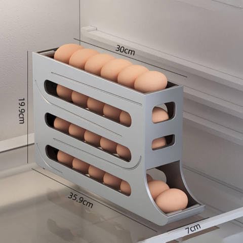 Image of Plastic Automatic Rolldown Refrigerator Rectangular 4 Tier Egg Rolling Dispenser, Holds Up To 30 Eggs, Holder For Fridge Storage - Grey (GRAY)
