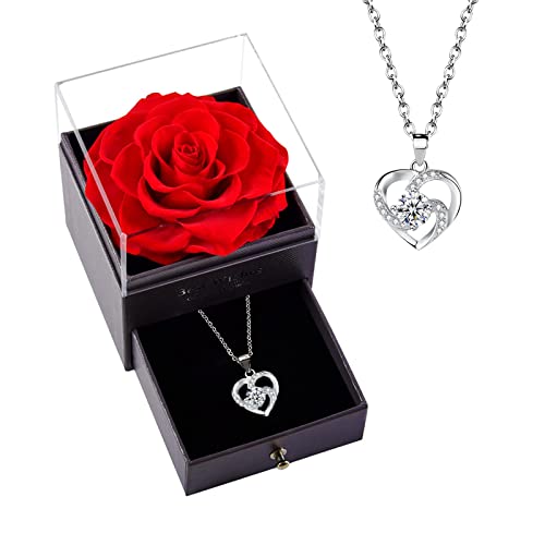 Ewige Rose Schmuck Geschenkbox, Konservierte Rosen mit Halskette Valentinstag Jubiläum Hochzeit Geburtstag für Frauen Cover