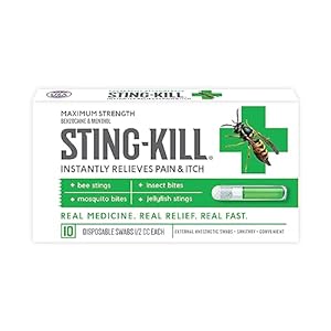 Sting-kill First Aid Anesthetic Swabs, Instant Pain + Itch Relief from Bee Stings and Bug Bites, 10-Count