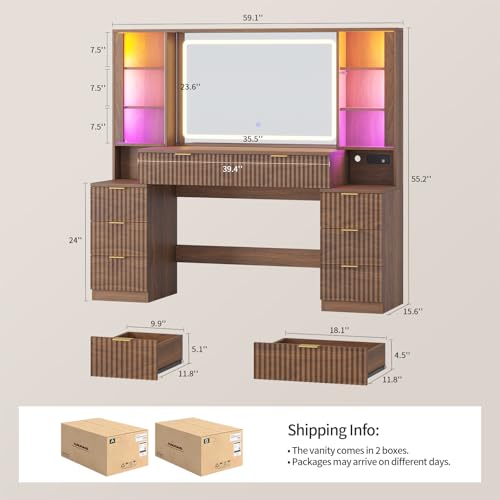 Image of Big Vanity Desk, Fluted Makeup Vanity with Mirror Lights, Walnut Vanities