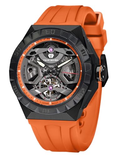 TSAR BOMBA Men's Automatic Watch - Japanese Movement - Sapphire Glass - 100m Waterproof - Luxury Fluororubber Strap -Gifts for Men