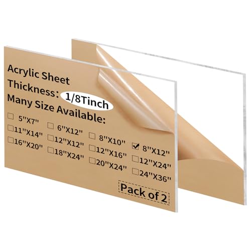 Gdhwxcl 8 x 12 inch Clear Acrylic Sheets 1/8 inch Thick - 2 Pack Transparent Plexiglass Plastic Cast Panels for DIY Craft Projects, Signs, Display Cases - Easy to Cut with Laser, Saw or Hand Tools