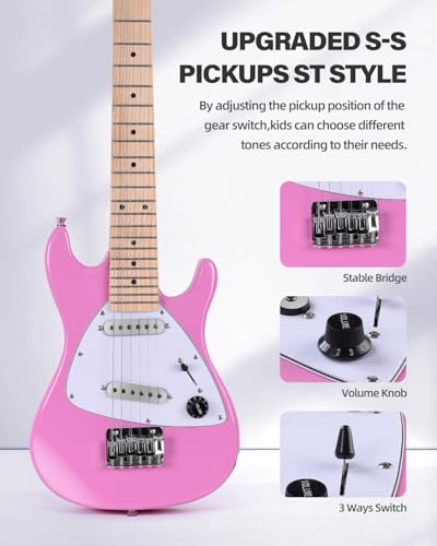 Image of Winzz 30 Inch Kids Electric Guitar Beginner Kit, Junior 1 /4 Size Mini Electric Guitar for Children Complete Stater Set with Amp, Gloosy Pink Colour