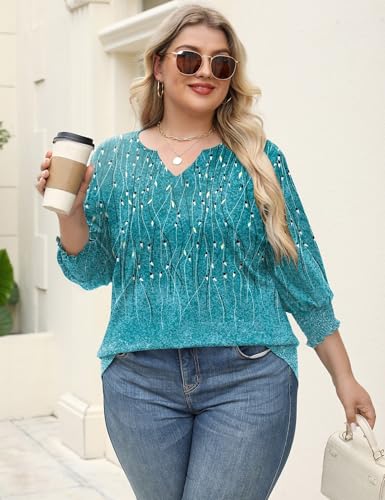 Rapbin Womens Plus Size Tops 3/4 Sleeve Blouses Shirts Casual V Neck Loose Tunic Tops 1X-5X
