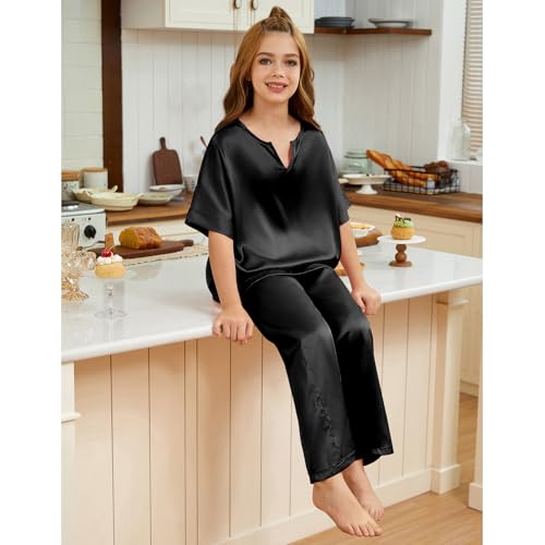 QPANCY Girls Silk Pajamas 2 Piece Short Sleeve Pjs Set Kids Satin Pajamas V Neck Shirt with Long Pant Soft Loungewear3
