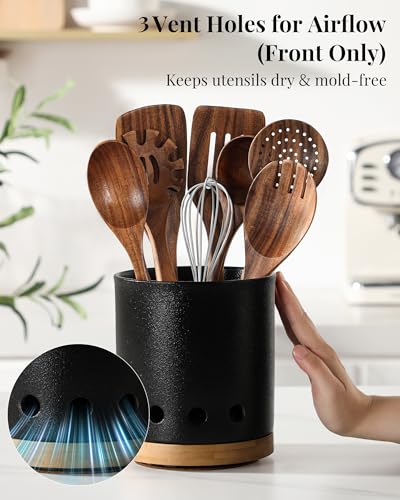 Image of LoeJan 360 Rotating Ceramic Utensil Holder for Kitchen Countertop - Cooking Utensil Crock Organizer with Non-Slip Cork Base for Farmhouse Kitchen Decor, Textured Black