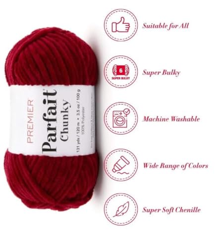 Image of Premier Yarns Parfait Chunky Chenille Yarn 3.5 Oz 6 Super Bulky Weight 3 Pack Bundle with Bella's Stitch Place Holders (Ruby)