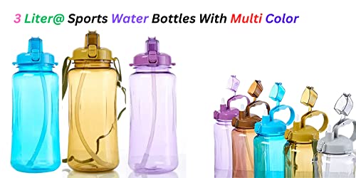 Image of Breewell 3 L Sports Plastic Water Bottle Container BPA Free Travel Mugs with Scale,Straw,Strap for Kids Adult Summer Outdoor Sports | Multi Color (Pack of 1)