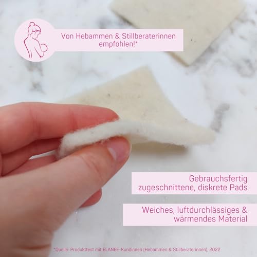 ELANEE Wollpads, für stillende Mütter, zur Abdeckung beanspruchter Brustwarzen und empfindlicher Hautpartien, mit natürlichem Lanolin, gebrauchsfertige Fettwolle, ca. 8 x 8 cm, 20 Stück (224-00)