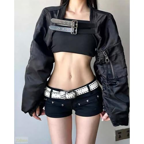 Women's Y2K Belted Black Motorcycle Jacket Pleated Long Sleeve Super Short Coat 2025 Trendy Summer Fashion2