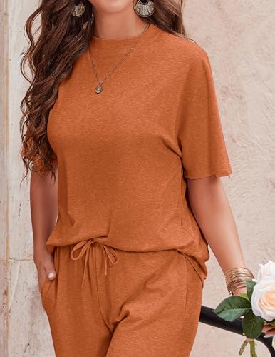Image of Ekouaer Lounge Sets for Women 2 Piece Mock Neck Pajamas Short Sleeve Pj Tops Long Pants with Pockets Caramel
