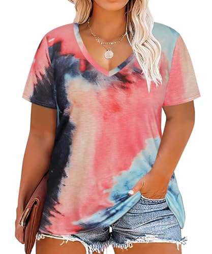 Image of RITERA Women Plus Size Tops Tie Dye V Neck Shirt Floral Camo Summer Short Sleeve Tunic Oversized Ladies Blouse XL-5XL