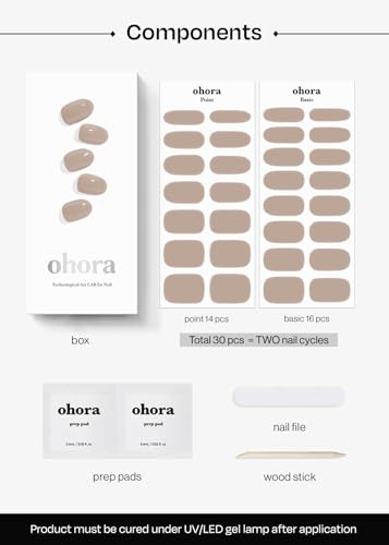 Image of ohora Semi Cured Gel Nail Strips (N Cream Beige) - Nude, Solid, Works with Any UV /LED Lamps, Salon-Quality, Long Lasting, Easy to Apply & Remove - Includes 2 Prep Pads, Nail File & Wooden Stick