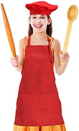 CWFUN Kids-Child's Red Apron and Chef Hat Set,Aprons for Kids-Boys Girls Adjustable Aprons-Children Kid's Kitchen Cooking and Baking Wear(4-12 Years Old,Red)