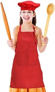 CWFUN Kids-Child's Red Apron and Chef Hat Set,Aprons for Kids-Boys Girls Adjustable Aprons-Children Kid's Kitchen Cooking and Baking Wear(4-12 Years Old,Red)