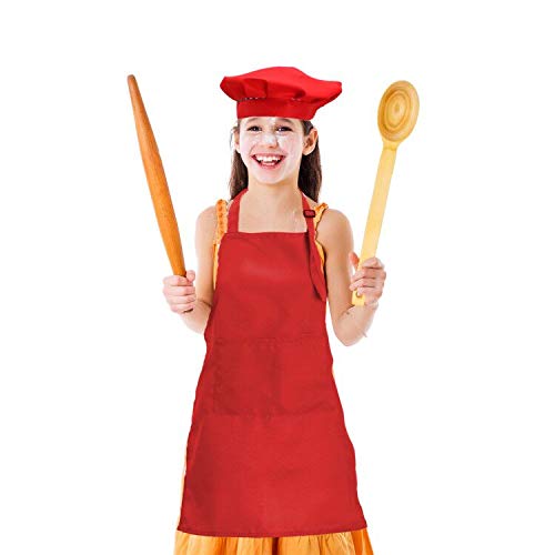 Juego de Delantal y Gorro de Chef para niños y niñas, Delantales Ajustables, para Cocina y Hornear, para niños de 5 a 13 años de Edad, 100% poliéster, Rojo, Large