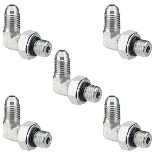 Image of 5 Pack 90 Degree Elbow Hydraulic Adapter Fittings: 1 /4 inch JIC 37 Male x #4 SAE /ORB Male, Hydraulic End Connectors with Protection Cover - 6801-04-04