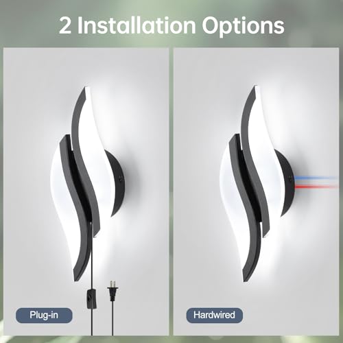 Image of CANEOE Plug in Wall Sconces Set of Two 6000K Black Modern LED Wall Light Fixtures Acrylic Wall Sconce Lighting for Living Room Bedroom Bedside Bathroom Hallway Stairway Wall Lamp