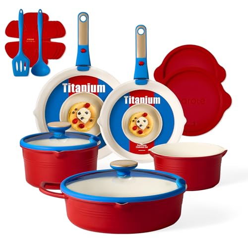 CAROTE 17Pcs Titanium Cookware Set, Pots and Pans Set Non Stick, Kitchen Cooking Set with Detachable Handle, Non Toxic Induction Cookware, Dishwasher/Oven Safe，Memphis Design