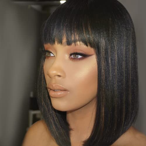 BLSWANER 14" Wigs for Black Women Bob Wig with Bangs Black Mix Blonde Highlights wig Straight Synthetic Hair Heat Resistant Fiber Natural Looking Daily Cosplay wigs Cheap Wigs