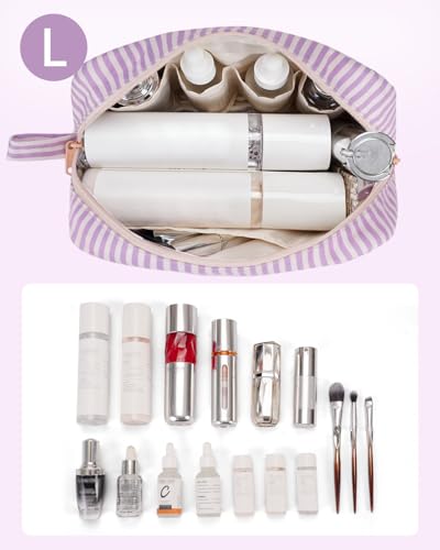 Image of Narwey Cute Makeup Bag Small Toiletry Bag Travel Cosmetic Bag Organizer Make Up Bags with Organized Pockets for Women (Purple Stripe, Large)