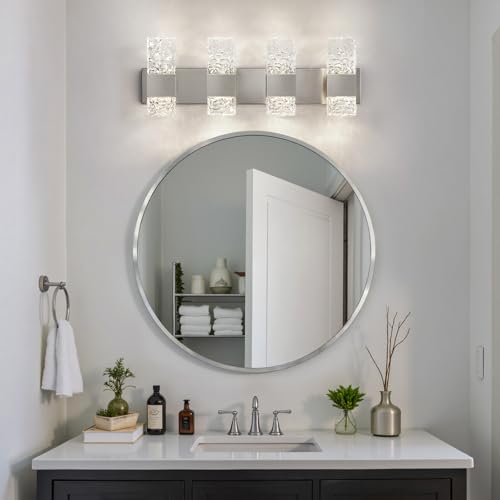 Image of Epinl Brushed Nickel 4-Light Bathroom Vanity Lights, 4000K Modern Bathroom Lighting Fixtures Over Mirror, 28 inch LED Crystal Bathroom Light Fixtures Hardwired Wall Sconces for Bathroom Living Room
