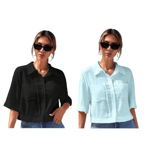 Image of TOPLOT V-Collar Solid Crop Shirt for Women with Half Sleeves, Polyester, Regular Fit