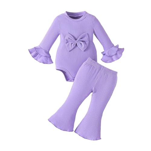 Baby Girls Outfits Sets Casual Playwear Pure Color Round Neck Top with Bow Tie Sleeves and Flared Pants Comfy