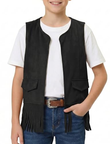 Image of Spring&Gege Boys Western Faux Suede Fringe Vest Sleeveless Cowboy Tassel Waistcoat Vintage Jacket Cardigan 5-14 Years
