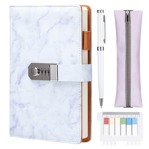 Nicpro Marble Diary with Lock for Girls and Women, Lockable A5 Secret Journal Set 300 Pages for Teen Girls, Refillable Notebook with Pen, Pencil Pouch, Index Stickers