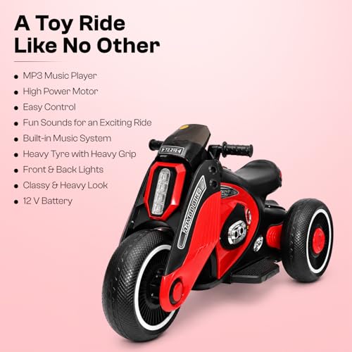 Image of Toyzone Rambo Electric Bike (Red) | 12V Rechargeable Bike for Kids with 4.5Ah Battery | LED Lights, Music, MP3| Smooth Acceleration | 6M Battery Warranty | for Big Kids Age 4-12 Years, Up to 35kg